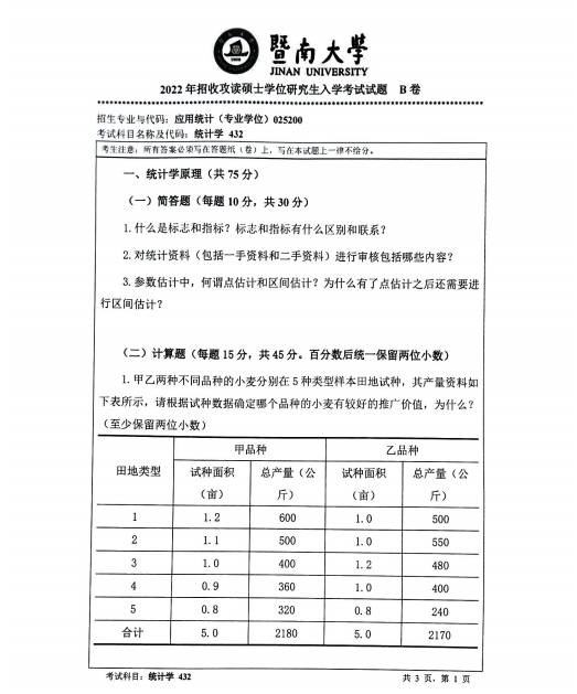 2022年暨南大學統(tǒng)計學真題試卷一覽1